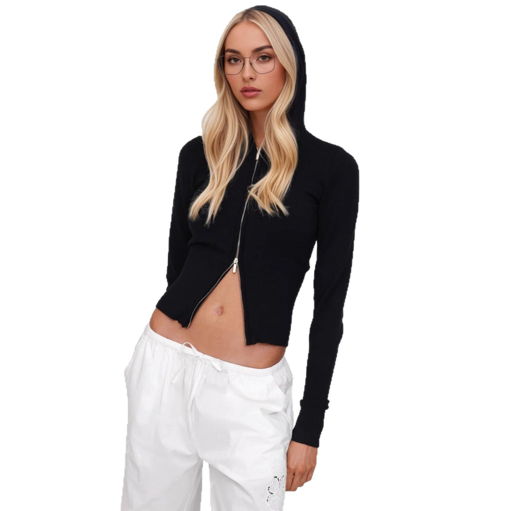 Cross-border Europe, America and 2025 autumn new fashion and leisure double-ended zipper hooded slim-fitting long-sleeved cardigan jacket