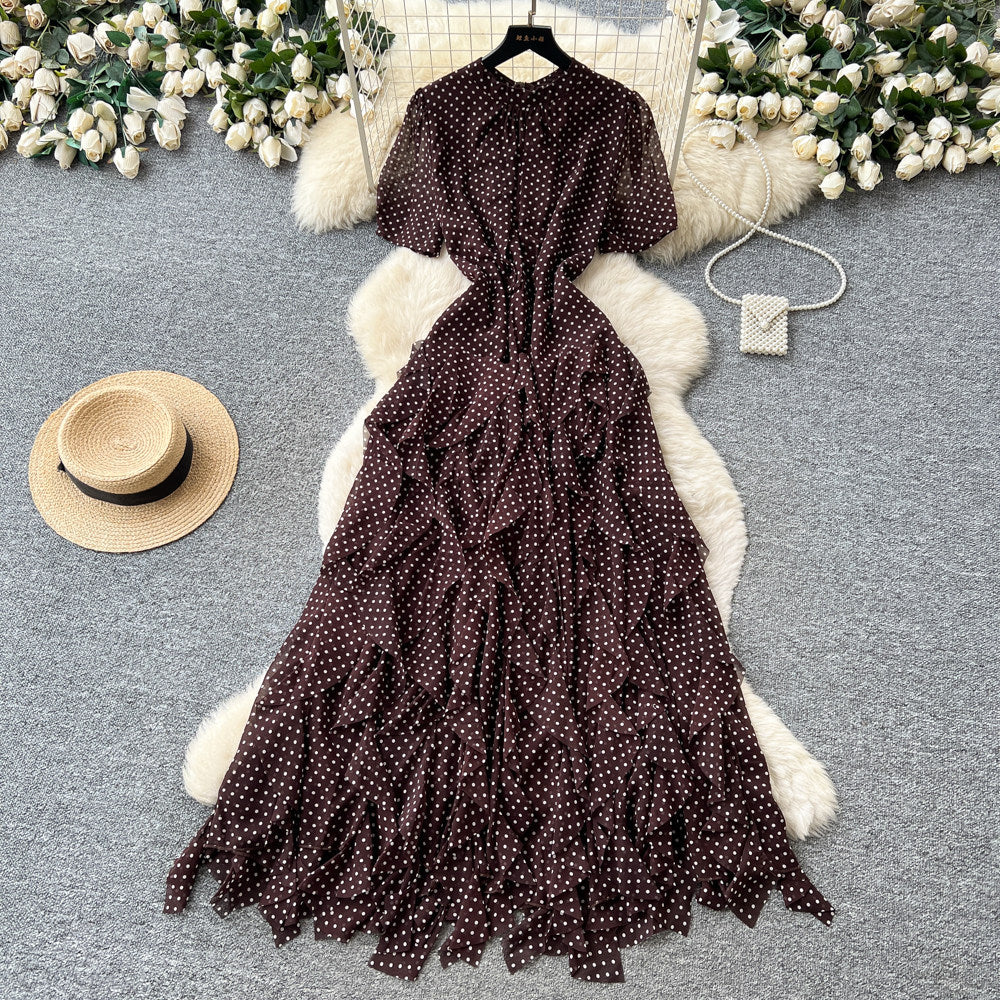French romantic red polka dot a-line dress - women's summer irregular high-waisted slimming elegant maxi dress