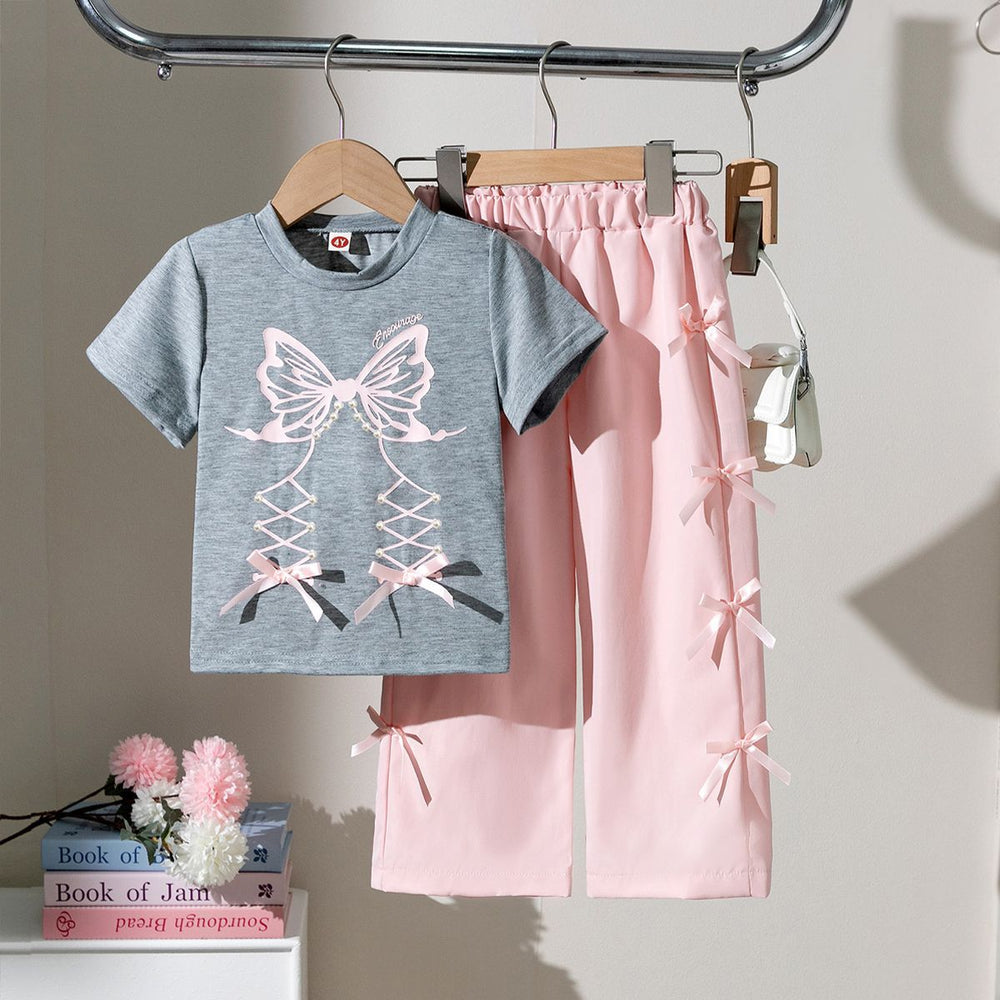 spring/summer new arrival: cross-border girls' collegiate style printed short-sleeve two-piece set with 3d bowknot pants