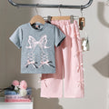spring/summer new arrival: cross-border girls' collegiate style printed short-sleeve two-piece set with 3d bowknot pants