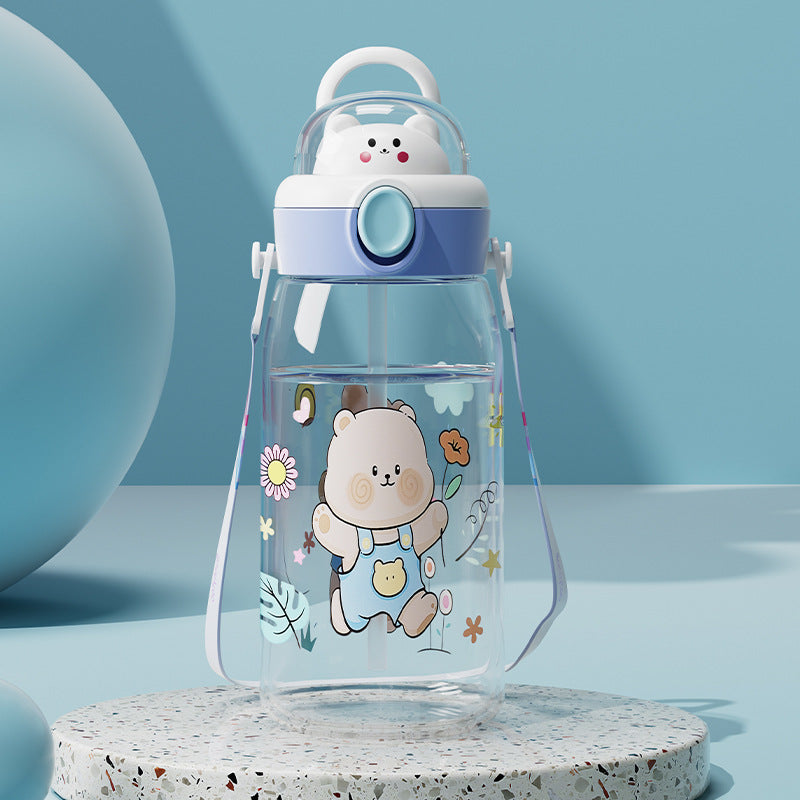 Cartoon cute high-capacity kids' straw water bottle - perfect for school with shoulder strap and carry loop - portable summer water bottle