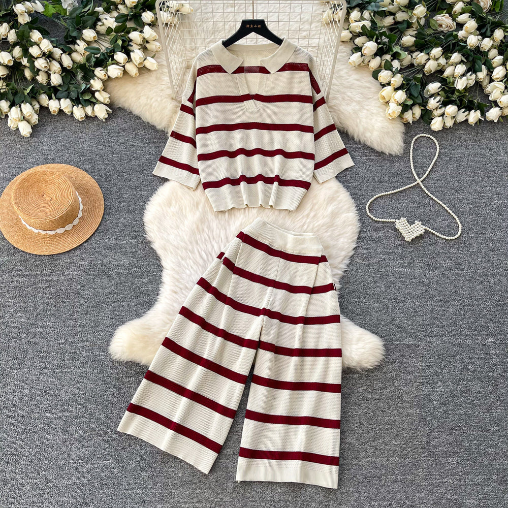 Lazy style stripesv-neck two-piece set women's summernew arrivalwork clothing style round neck topshigh waist pantsslimming looksuit