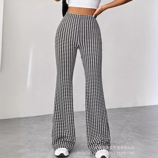 Cross-border  2024 new ins  elastic high-waisted flared pants fashion thousand bird grid printing casual pants