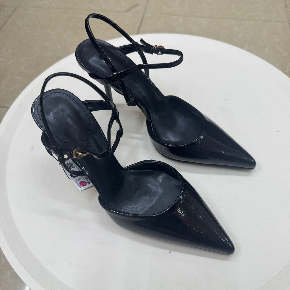 Spanish summer new arrivals: women's patent leather-effect pointed-toe high heel slingback mules with decorative straps and cutout detail