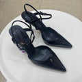 Spanish summer new arrivals: women's patent leather-effect pointed-toe high heel slingback mules with decorative straps and cutout detail