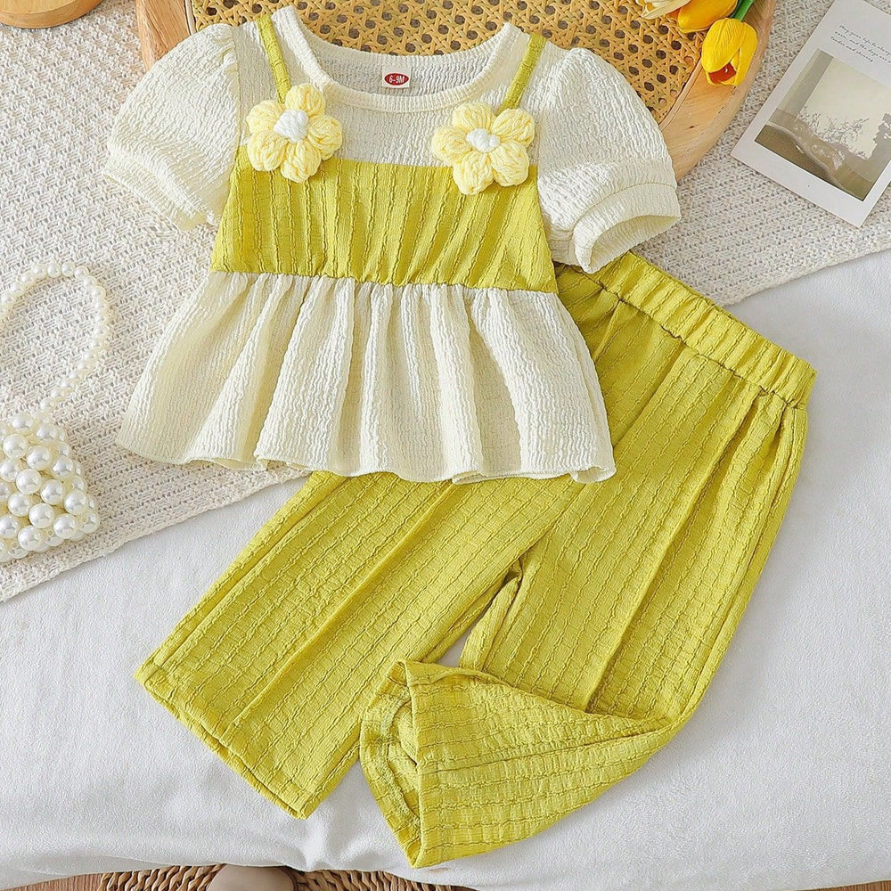 Children's clothing  fashion children's clothing cross-border girl beige tops + green pants