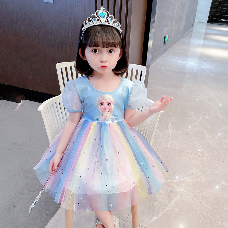 Girls' elsa princess dress - summer rainbow dress for kids - summer cotton elsa new style dress - korean style trendy baby dress
