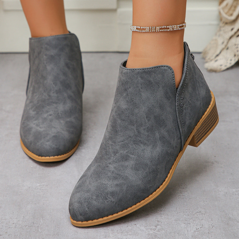 Fashionexportplus size leather boots women's boots pure colorslimming look pointed toe back zipper casualthick sole thick heel boots women's single