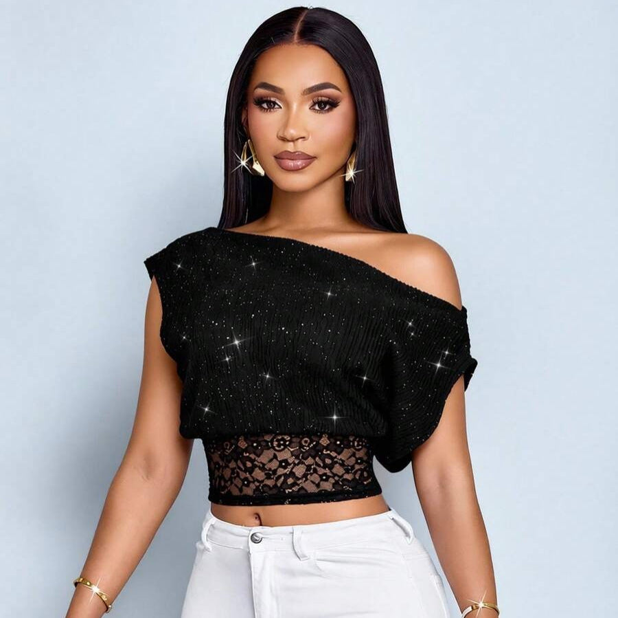 Women's elegant see-through lace black t-shirt with lace trim, asymmetrical neckline, and relaxed fit - fashionable and casual