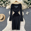 Xiaoxiangfengclassy contrast colorbows strappy long sleevesdress women's metal buckle waist slimming lookknitting short skirt