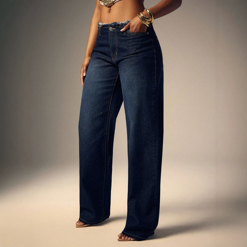 Fashionjeans women's dark blue raw edge waist high waist wide leg mop pants retroloosedraped denim pants