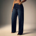 Fashionjeans women's dark blue raw edge waist high waist wide leg mop pants retroloosedraped denim pants