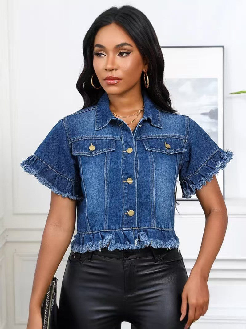 Amazon  cross-border fashion trendy turn-down collar washed fringe denim jacket shirt for summer (us/eu)