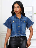 Amazon  cross-border fashion trendy turn-down collar washed fringe denim jacket shirt for summer (us/eu)