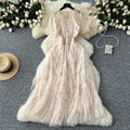 French chic high-end mini dress - women's exquisite beaded & embroidered short-sleeve, slim-fit, flattering, and fluffy tulle dress