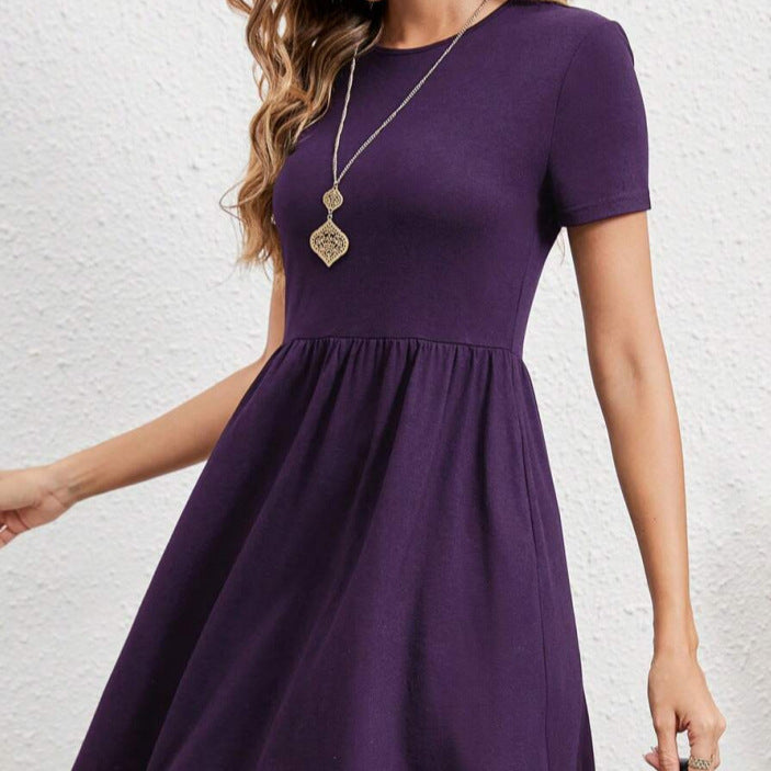 Women's european and american style minimalist solid color short sleeve dress - elegant round neck midi dress