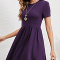 Women's european and american style minimalist solid color short sleeve dress - elegant round neck midi dress