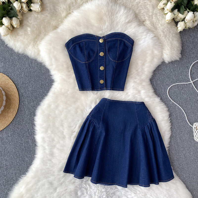 Sweet and edgy girl's summer outfit: cropped denim tube top and high-waisted a-line skirt set
