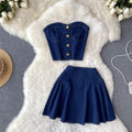 Sweet and edgy girl's summer outfit: cropped denim tube top and high-waisted a-line skirt set