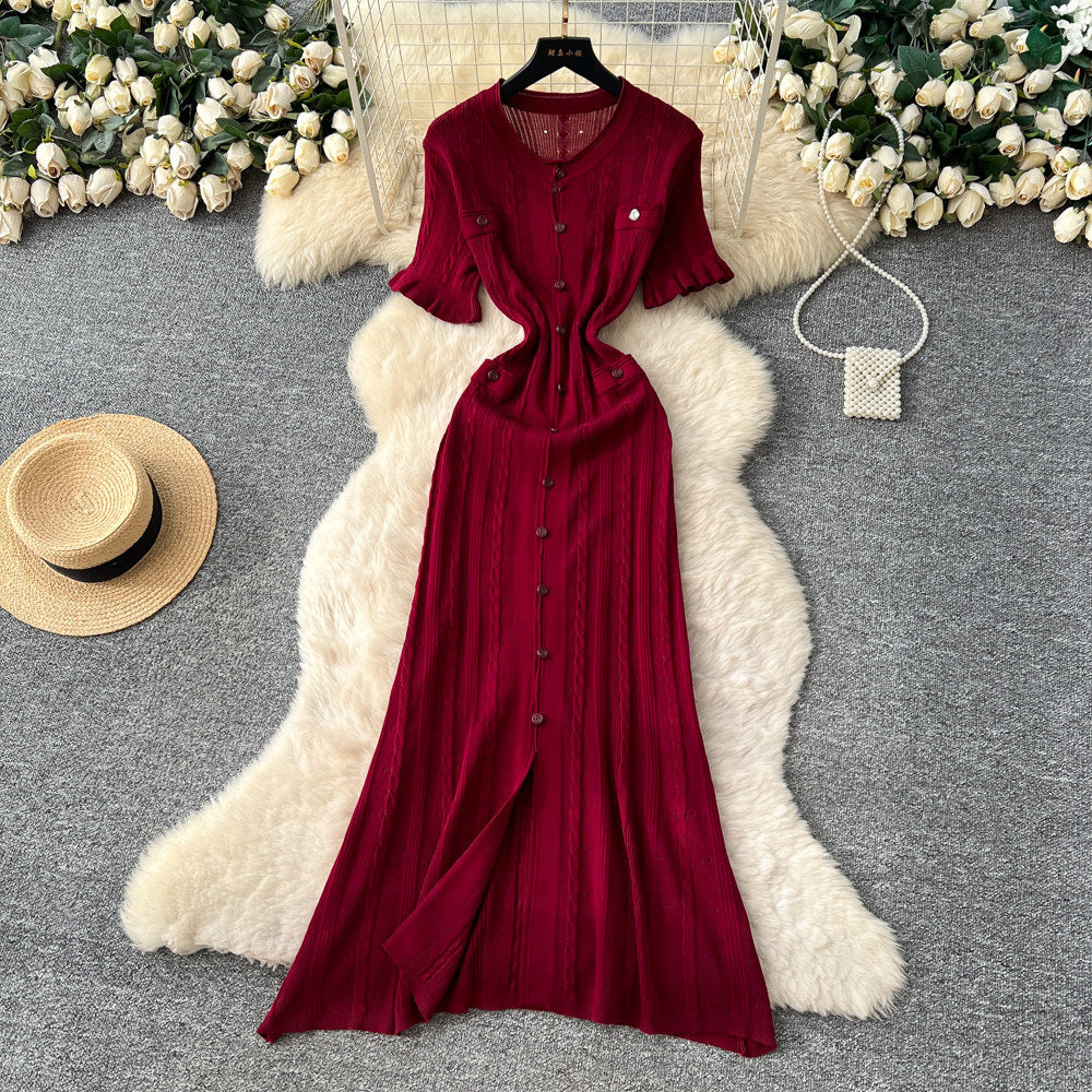 New arrival small fragrance classy sense cut out fungus lace sleeve button decoration silmslimming lookknittingdressfashion