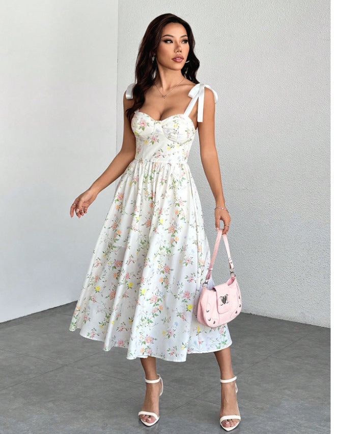 French chic vacation style sweetheart floral sundress - new summer collection, slimming fit, high-end feel, long dress