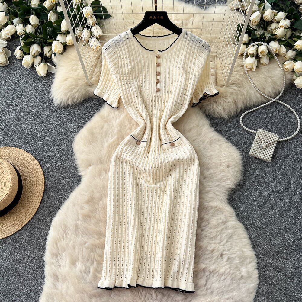 French chic hollow-out knit elegant dress - women's summer ruffle-trimmed black short-sleeve a-line dress - slimming fit