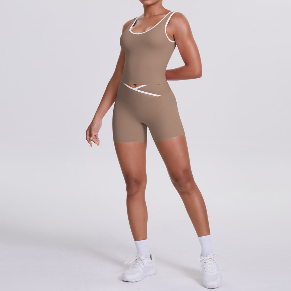 new arrival: double-sided brushed fleece color block compression yoga set - breathable, cross-back design, perfect for running and fitness (two-piece set)