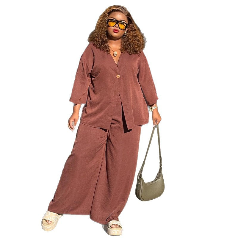 European and american women's clothing  autumn new collection: sweet and fresh v-neck batwing sleeve high-waisted wide-leg pants fashion casual set