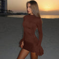Fashion style cross-border pure color women's short casual bell sleeve hip skirt high collar silmslimming look street dress