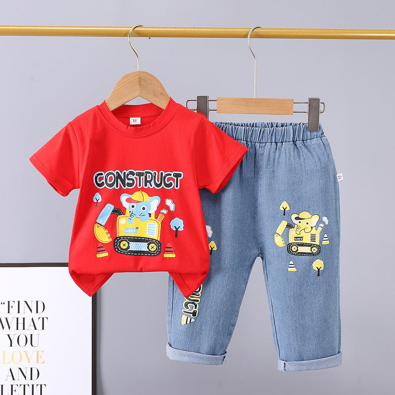 New boys' casual summer outfit set: cartoon elephant excavator print, 100% cotton short-sleeve tee + denim jeans - wholesale