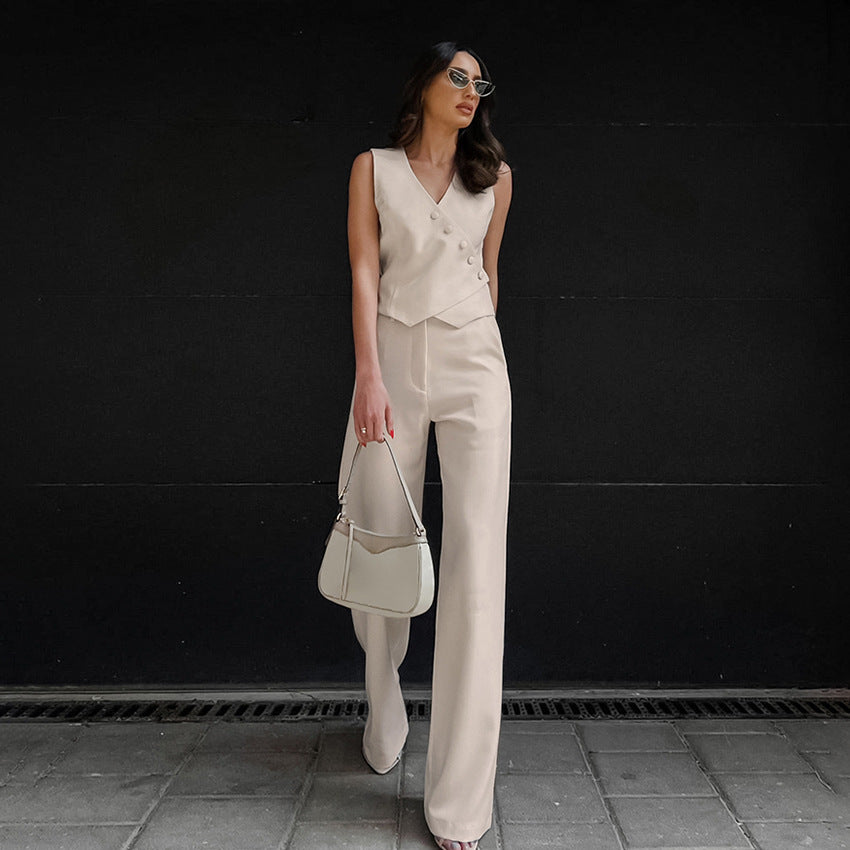 European and American cotton and linen khaki cardigan vest straight pants two-piece set women's 2025 autumn new  casual suit