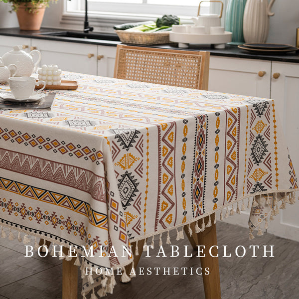 Bohemian style cotton and linen tablecloth dining table household ethnic style fabric rectangular fringed tablecloth waterproof and oil-proof