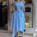 European and american cross-border women's clothing:  summer new arrival - elegant casual round neck striped top and asymmetrical midi skirt set