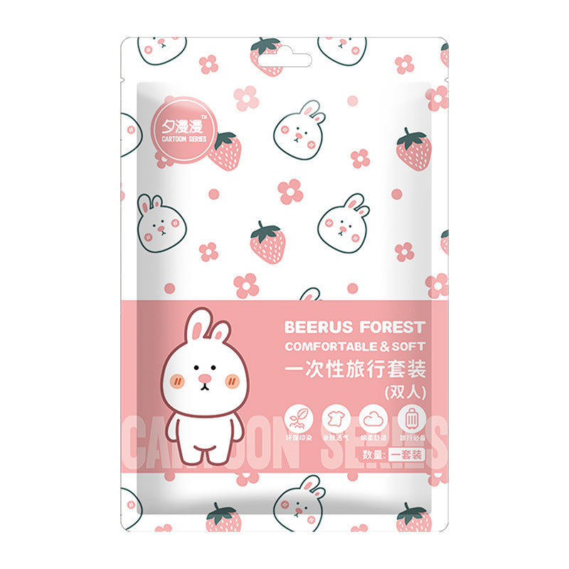 Disposable bed sheet, duvet cover, pillowcase set - 4 piece travel set, double size, pink print, thickened, extra large, sanitary hotel quality