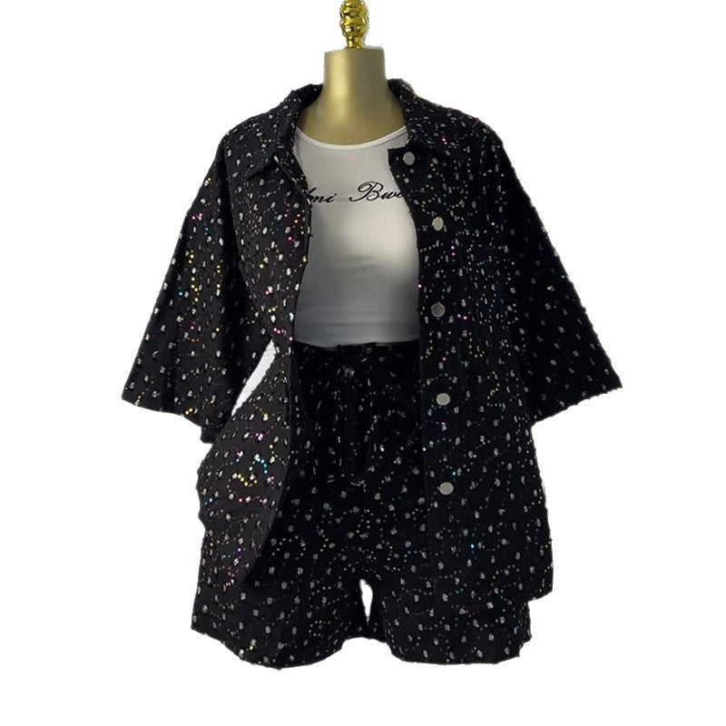 European and american cross-border women's fashion:  autumn new collection - luxury rhinestone embellished three-quarter sleeve blouse and wide-leg shorts set