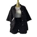 European and american cross-border women's fashion:  autumn new collection - luxury rhinestone embellished three-quarter sleeve blouse and wide-leg shorts set
