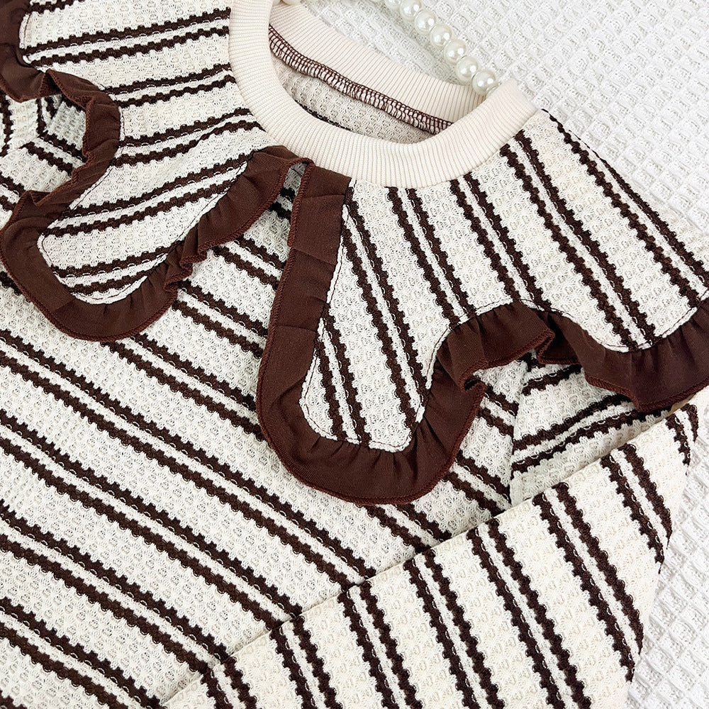 Girls' new spring/autumn striped polo shirt long sleeve sweatshirt and pants two-piece set - cross-border girl's outfit