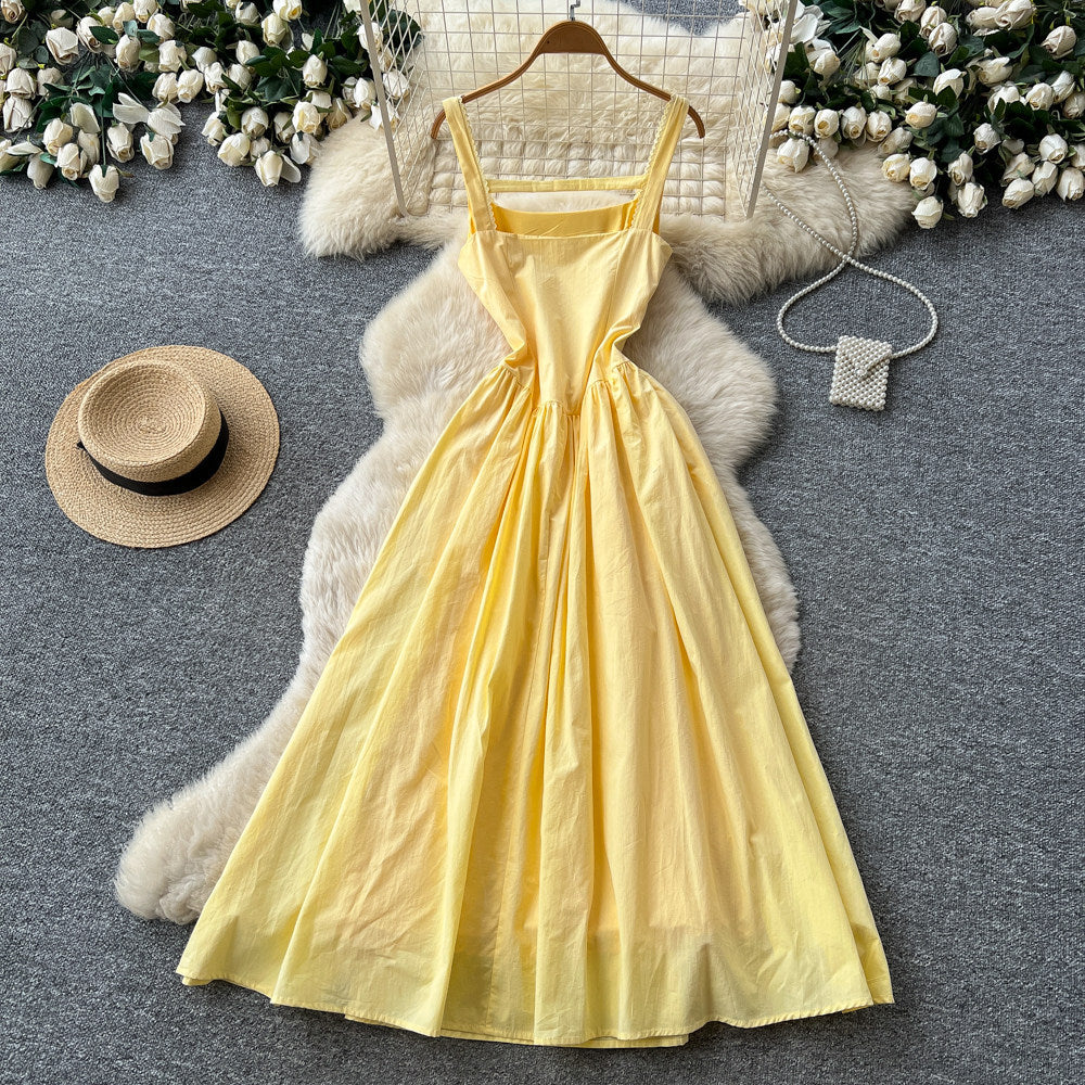 Vacation style yellow suspender lacedress female summer pure lust style waist slimming lookhigh waist long skirt sense of design