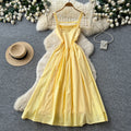 Vacation style yellow suspender lacedress female summer pure lust style waist slimming lookhigh waist long skirt sense of design