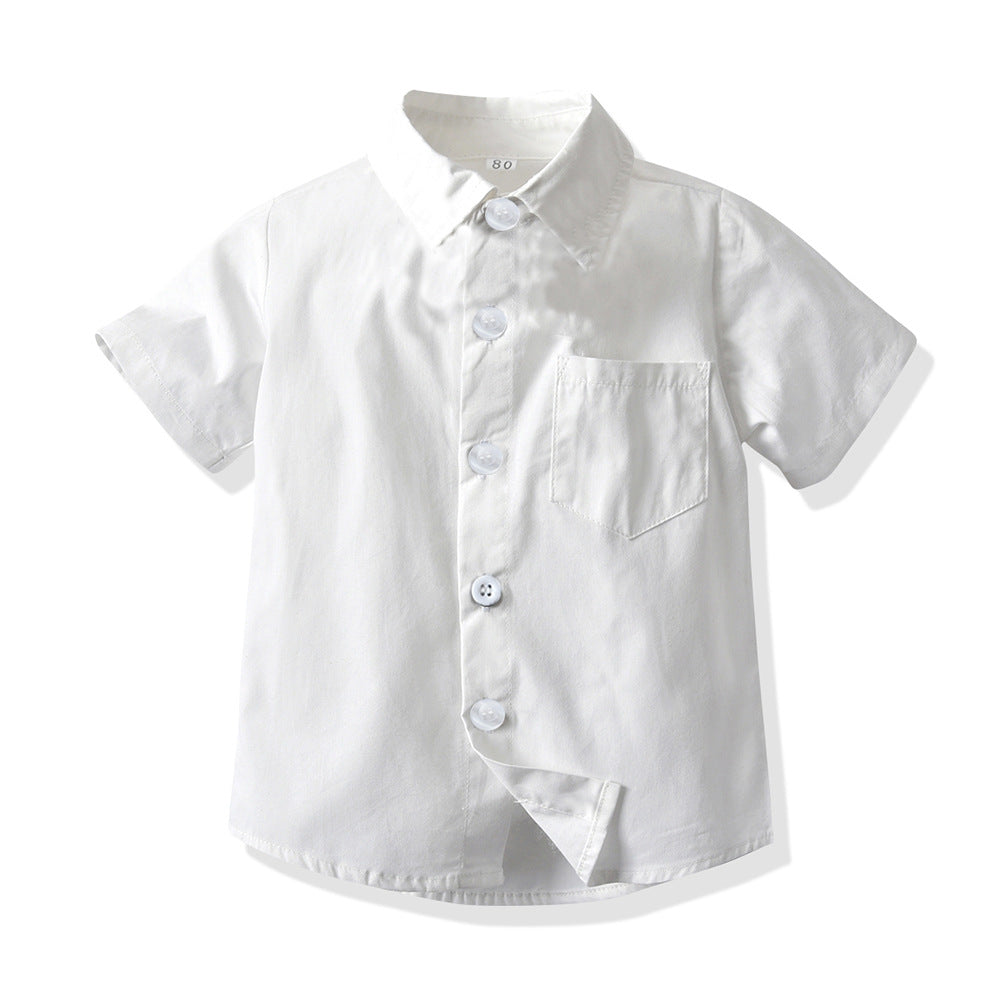 New classic boys' short-sleeve white cotton shirt - lightweight summer style for kids, perfect for performances, school uniforms, and elementary school students (sizes for mid-to-large children)