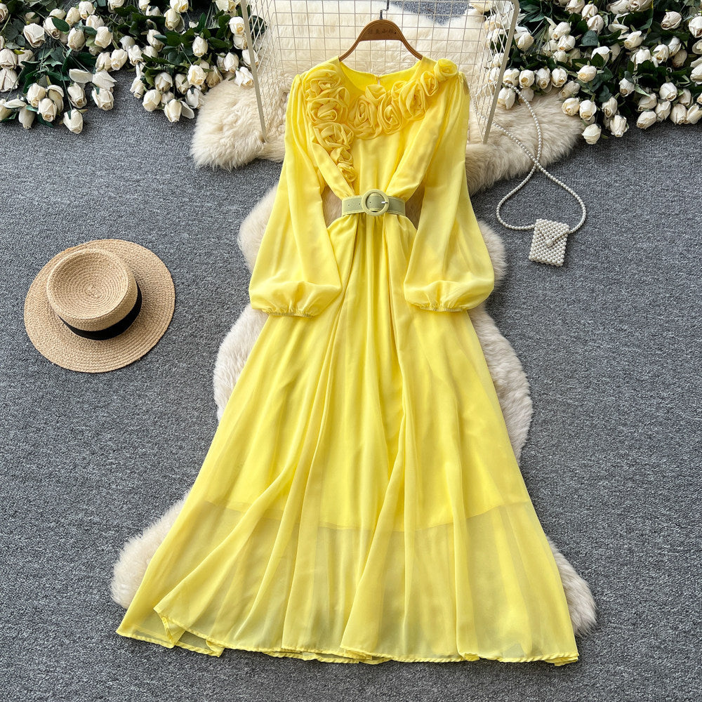 Vintage chic lantern sleeve v-neck lace patchwork dress - women's summer korean style slimming a-line maxi dress