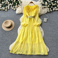 Vintage chic lantern sleeve v-neck lace patchwork dress - women's summer korean style slimming a-line maxi dress