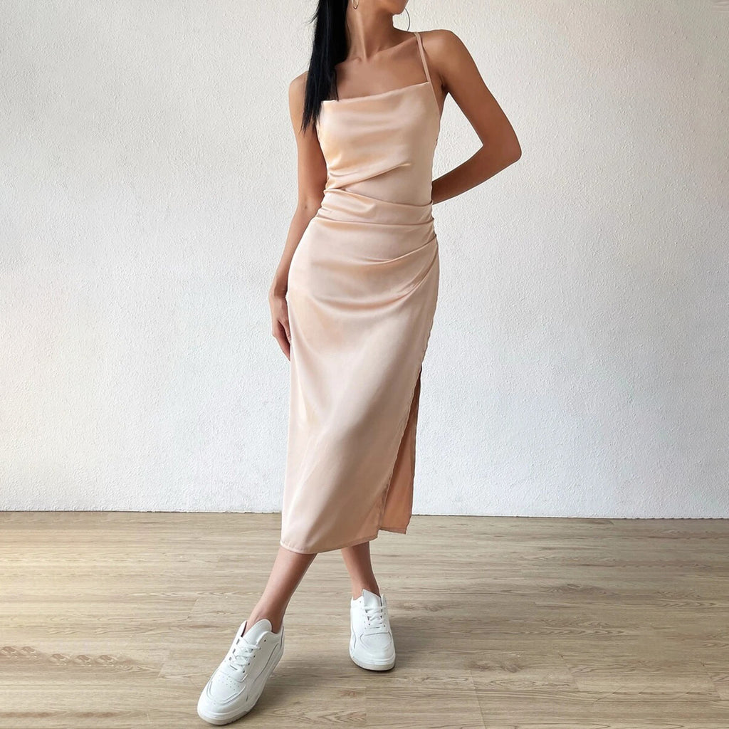 satin suspender dress, summer new split-ended medium and long satin a-word skirt high-end