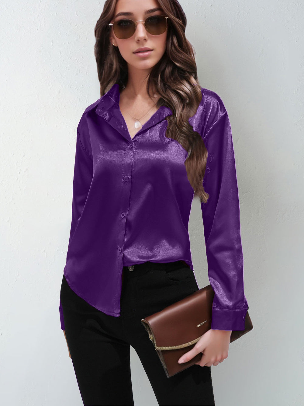 Satin shirt women's satinartificial silk long sleeves  best sellingpure colortopselegance button front lapel shirt