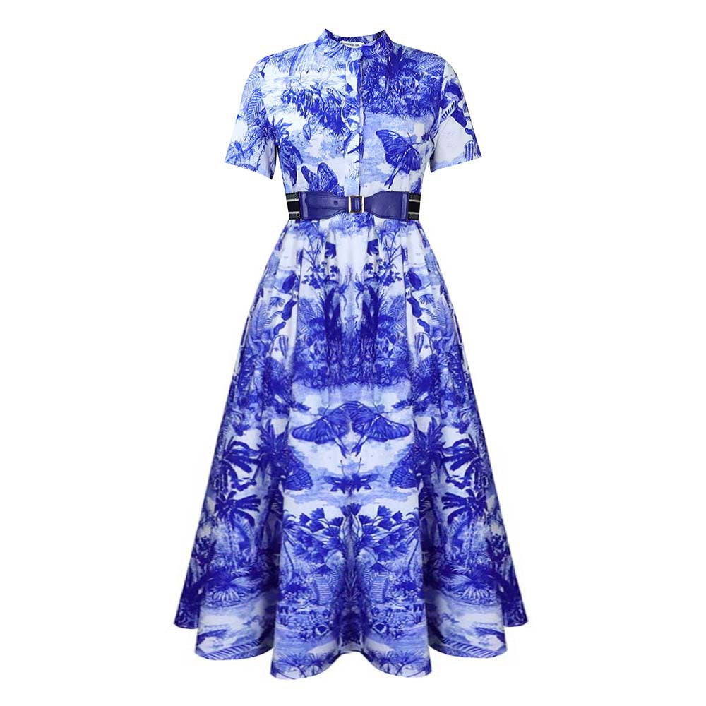 D3337 women's foreign trade dress -  fashion, european & american style, summer chic, printed short sleeve, flared hem, plus size foreign trade dress