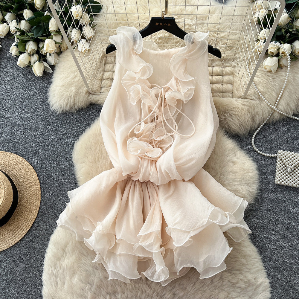 French sweet style pink ruffle sleeveless dress - women's summer, skin-friendly, breathable, ladylike, slimming, vacation dress