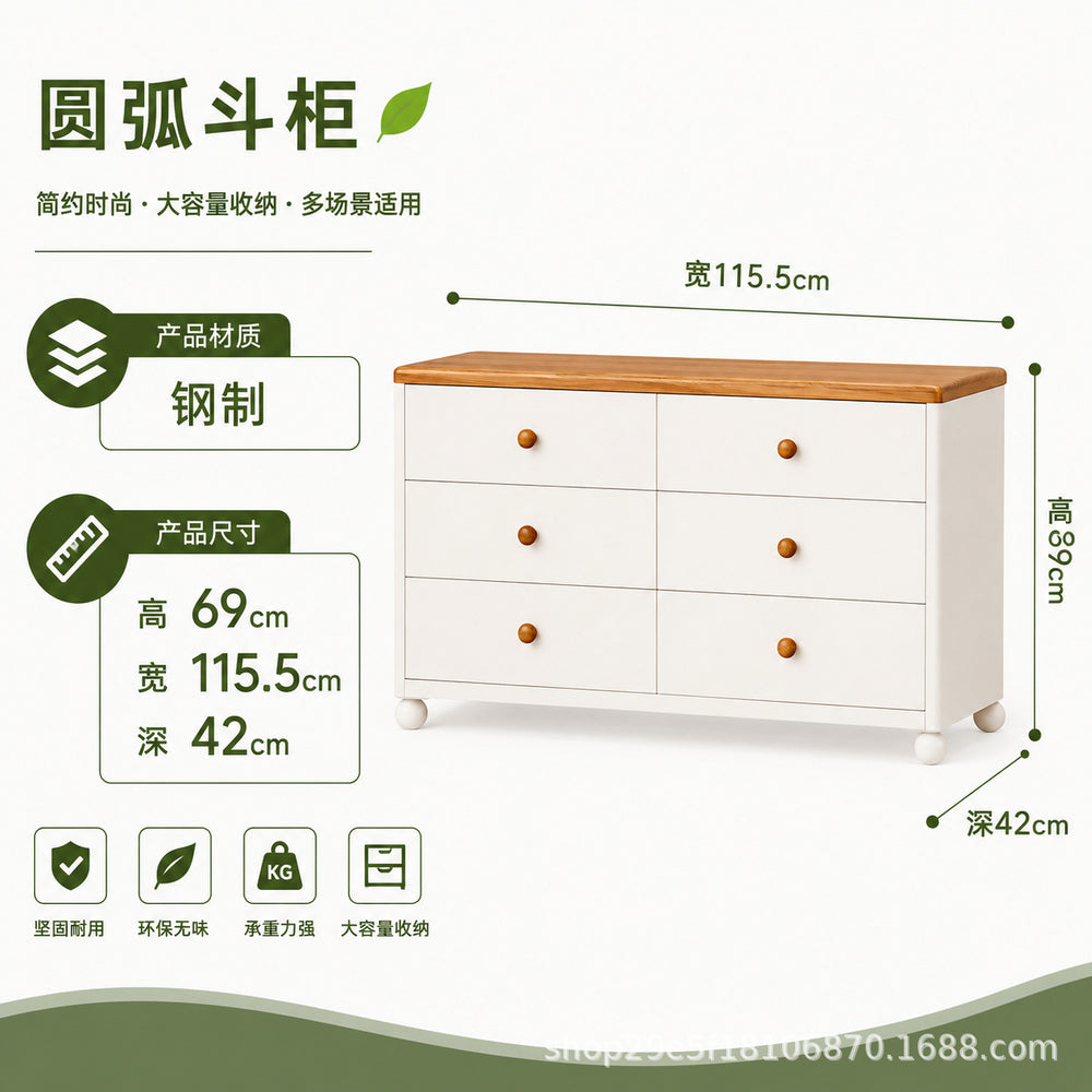 new steel low cabinet with rounded corners, freestanding five-drawer unit, wall-mounted integrated storage cabinet, kids' organizer