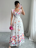 cross-border european and american elegant square neck printed bubble sleeve dress