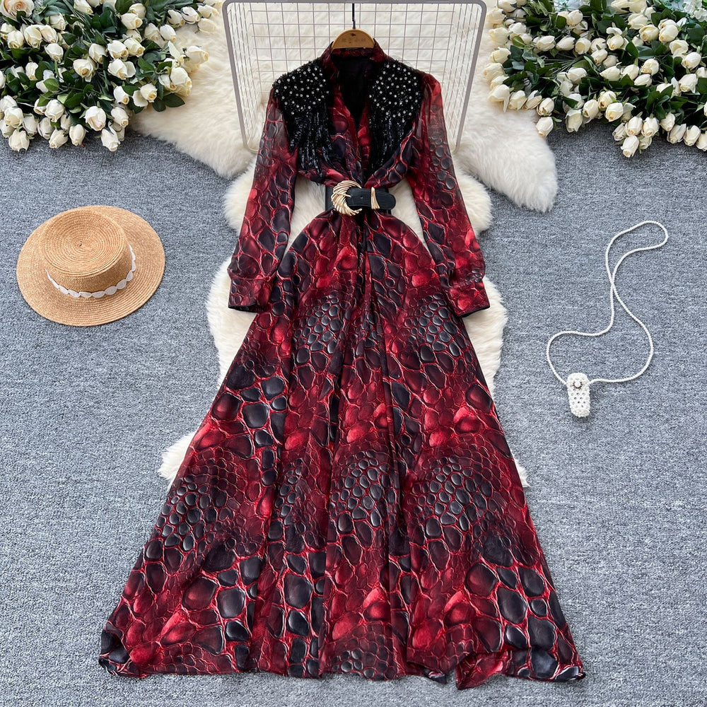 High-end fashionabledress women's french beading sequinembroiderv neck waist long sleeves leopard print printingelegance long skirt