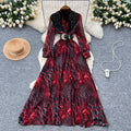 High-end fashionabledress women's french beading sequinembroiderv neck waist long sleeves leopard print printingelegance long skirt